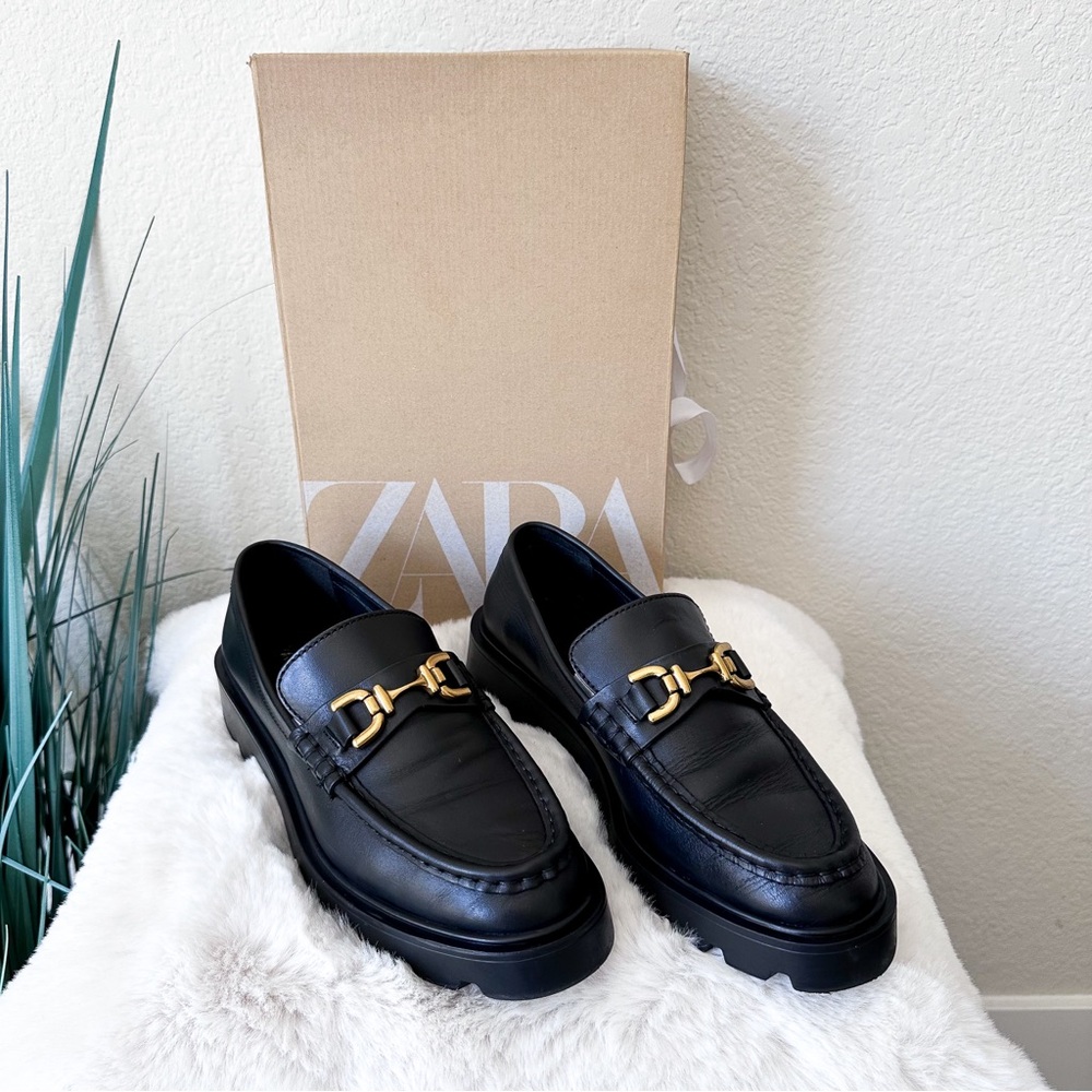 ZARA - Lug Sole Leather Loafers with Gold Metal Detail (Black)